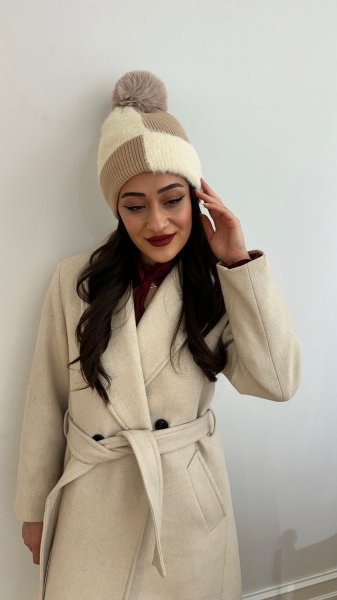 Purda Pembe Ekru İki Renk Polarlı Bere