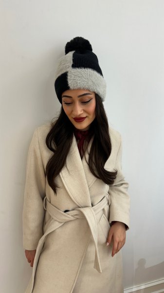 Siyah Gri İki Renk Polarlı Bere