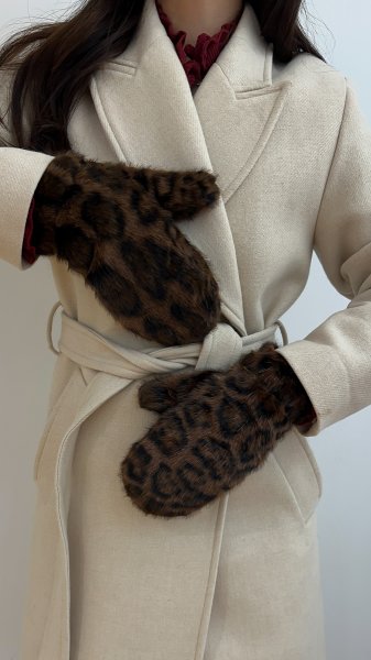Leopar Desen Peluş Parmaksız Eldiven