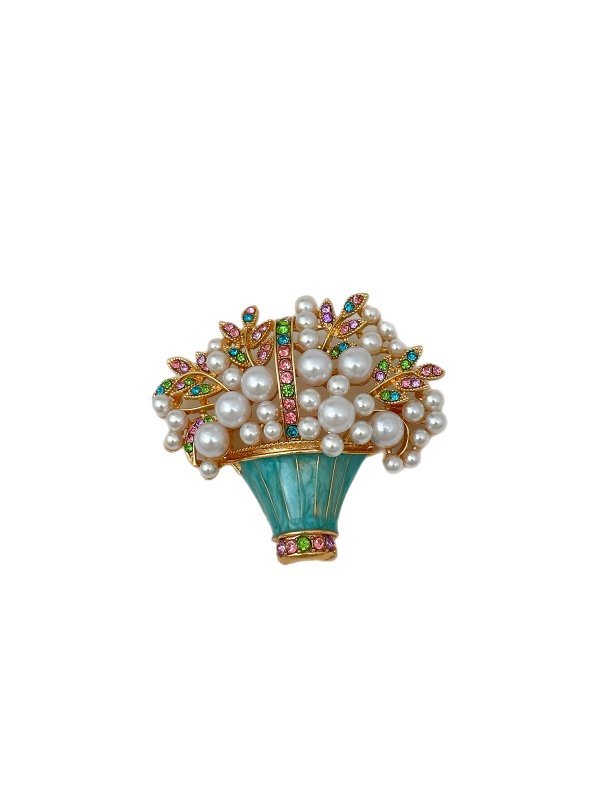 Renkli Zirkon Taşlı ve İncili Mavi Sepet Figür Broş