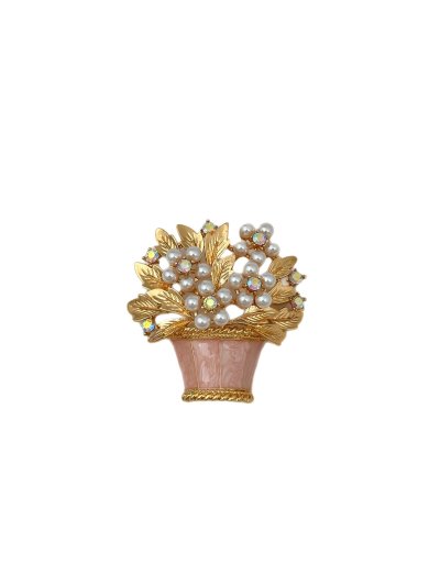 Renkli Zirkon Taşlı ve İncili Pembe Sepet Figür Broş