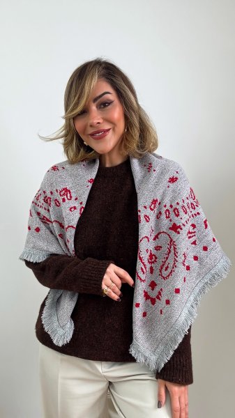 Gri Üzeri Kırmızı Etnik Desenli Kare Şal