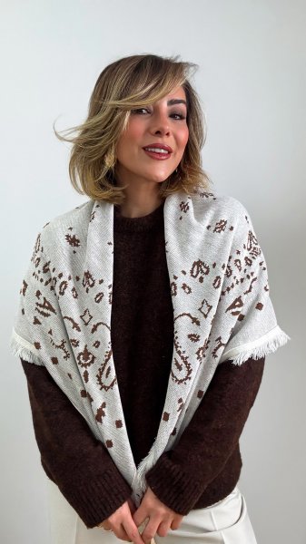 Bej Üzeri Kahverengi Etnik Desenli Kare Şal