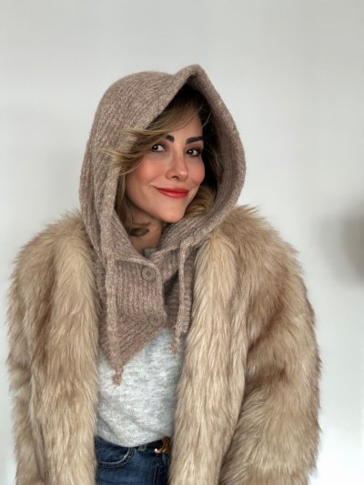 Sütlü Kahve Renk Yumuşak Dokulu Düğmeli Balaclava