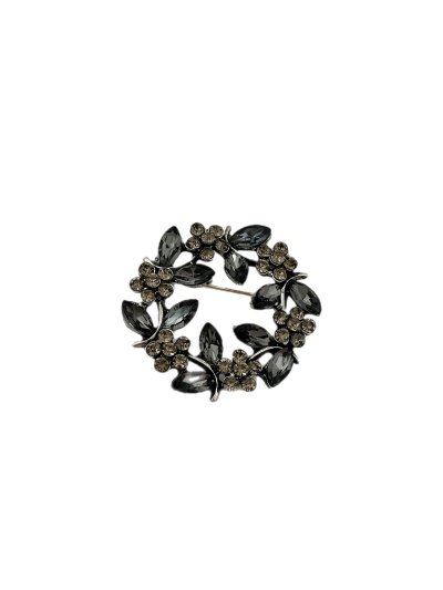 Antrasit Taşlı Çiçek ve Yaprak Detay Çelenk Broş