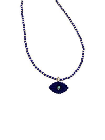 Kesme Lacivert Boncuk Gold Biye Detay Göz Uç Kolye (46 Cm)