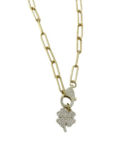 Özel Seri Oval Zincirde Yonca Figür Sallantılı Kilit Kapama Kolye (47 Cm)