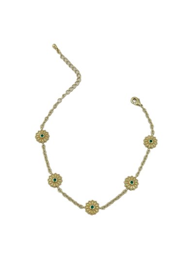 Özel Seri Yeşil Taşlı Tırtıklı Plaka Çiçek Model Bileklik (24 Cm)