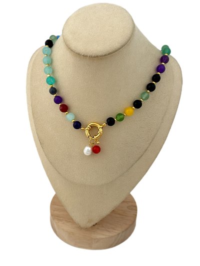 Akik Taş Sıralı Dümen Kilit Gerçek İnci Sallantılı Kolye (50 Cm)