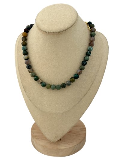 Yeşil Sarı Hareli Akik Taş Sıralı Kolye (45 Cm)