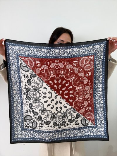 Bordo Beyaz Çoklu Renkli Kare Etnik Desenli Pamuklu Fular (70 x 70)