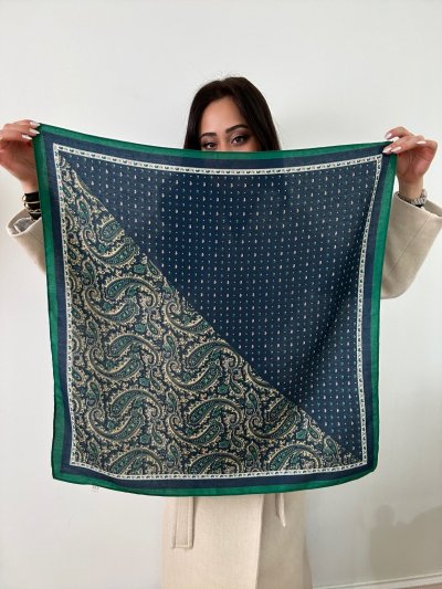 Yeşil Çoklu Renkli Kare Etnik Desenli Pamuklu Fular (70 x 70)