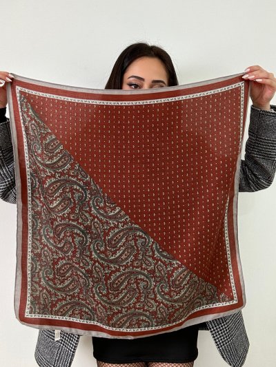 Kiremit Gri Çoklu Renkli Kare Etnik Desenli Pamuklu Fular (70 x 70)